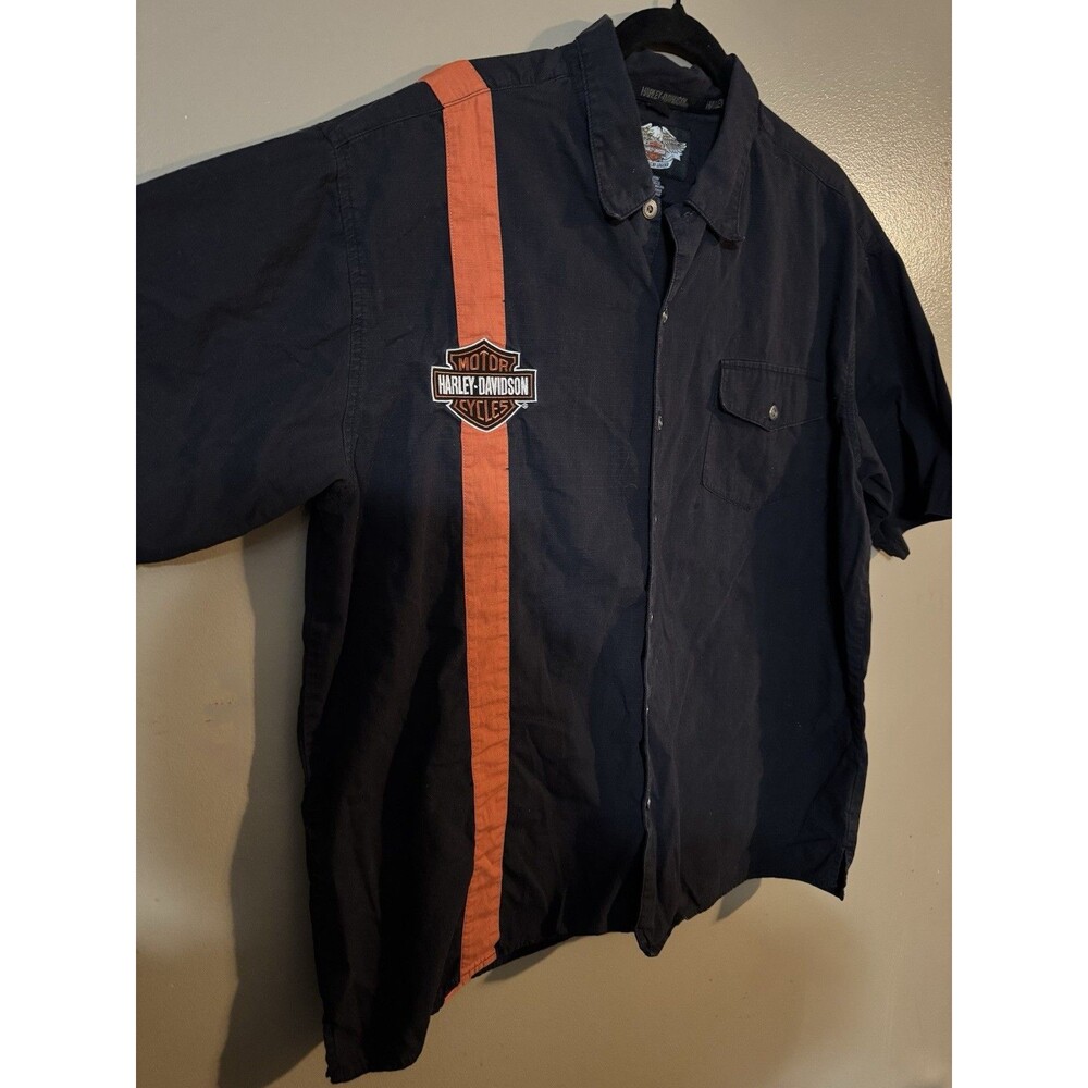 Harley-Davidson Mens XLarge Shirt Black Orange Button Up Short Sleeve Motorcycle